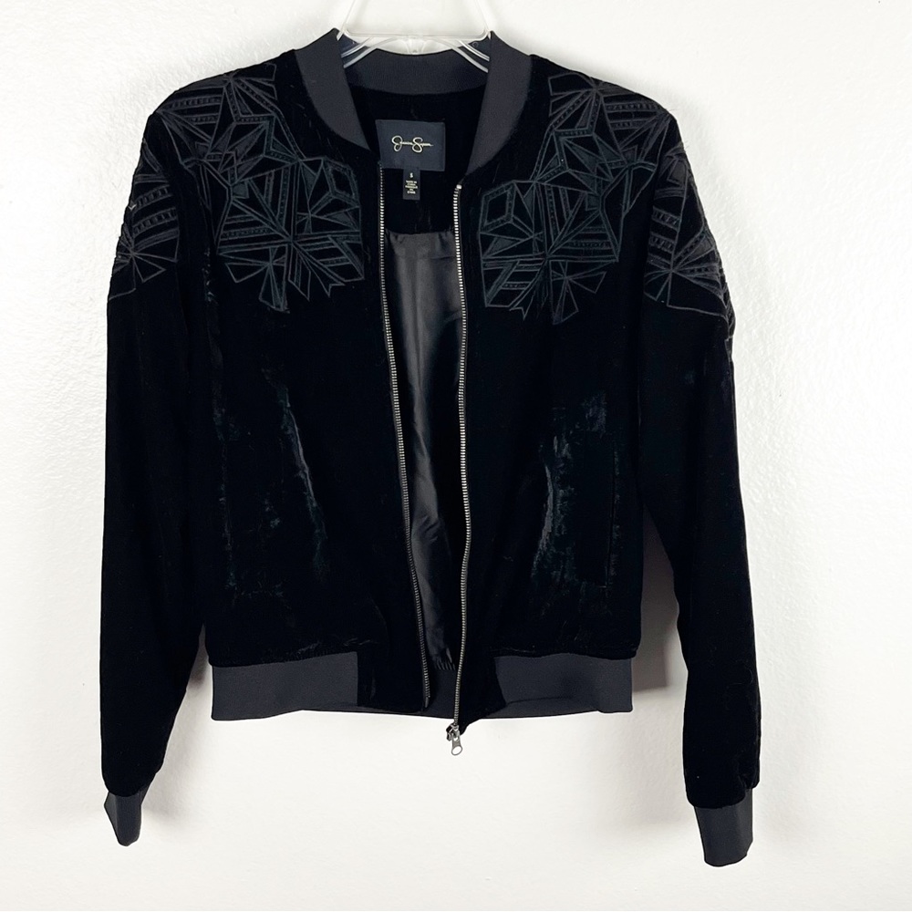 JESSICA SIMPSON Black Velvet Front Zipper Embroidered Bomber Jacket, Size Small